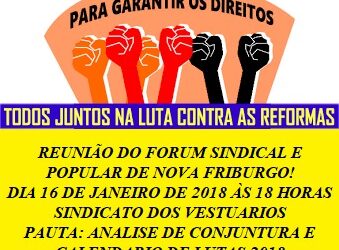Fórum Sindical e Popular de Nova Friburgo se reunirá dia 16/01