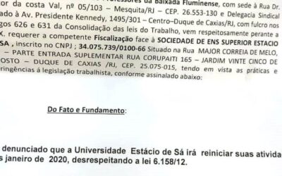 SINPRO BAIXADA DENUNCIA ESTÁCIO PELO NÃO CUMPRIMENTO DAS FÉRIAS