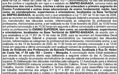 SINPRO BAIXADA CONVOCA ASSEMBLEIAS DE PROFESSORES DIA 15/02