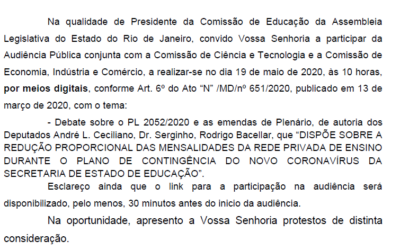 FETEERJ PARTICIPARÁ DE AUDIÊNCIA PÚBLICA DA ALERJ QUE DISCUTIRÁ O PL QUE REDUZ MENSALIDADES ESCOLARES