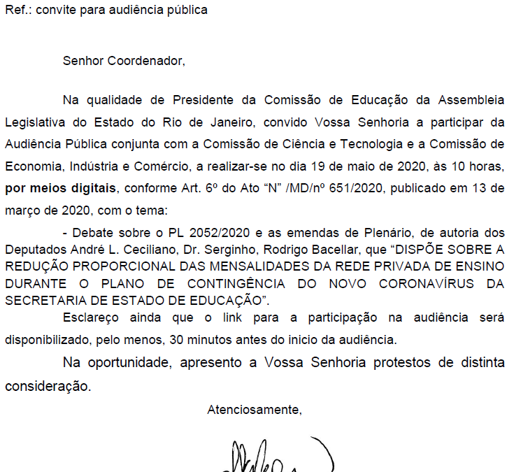 FETEERJ PARTICIPARÁ DE AUDIÊNCIA PÚBLICA DA ALERJ QUE DISCUTIRÁ O PL QUE REDUZ MENSALIDADES ESCOLARES