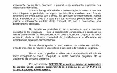 JUSTIÇA SUSPENDE LEI QUE PERMITE O USO DE RECEITA DO RIOPREVIDÊNCIA PARA PAGAMENTO DE DÍVIDAS DO ESTADO RJ